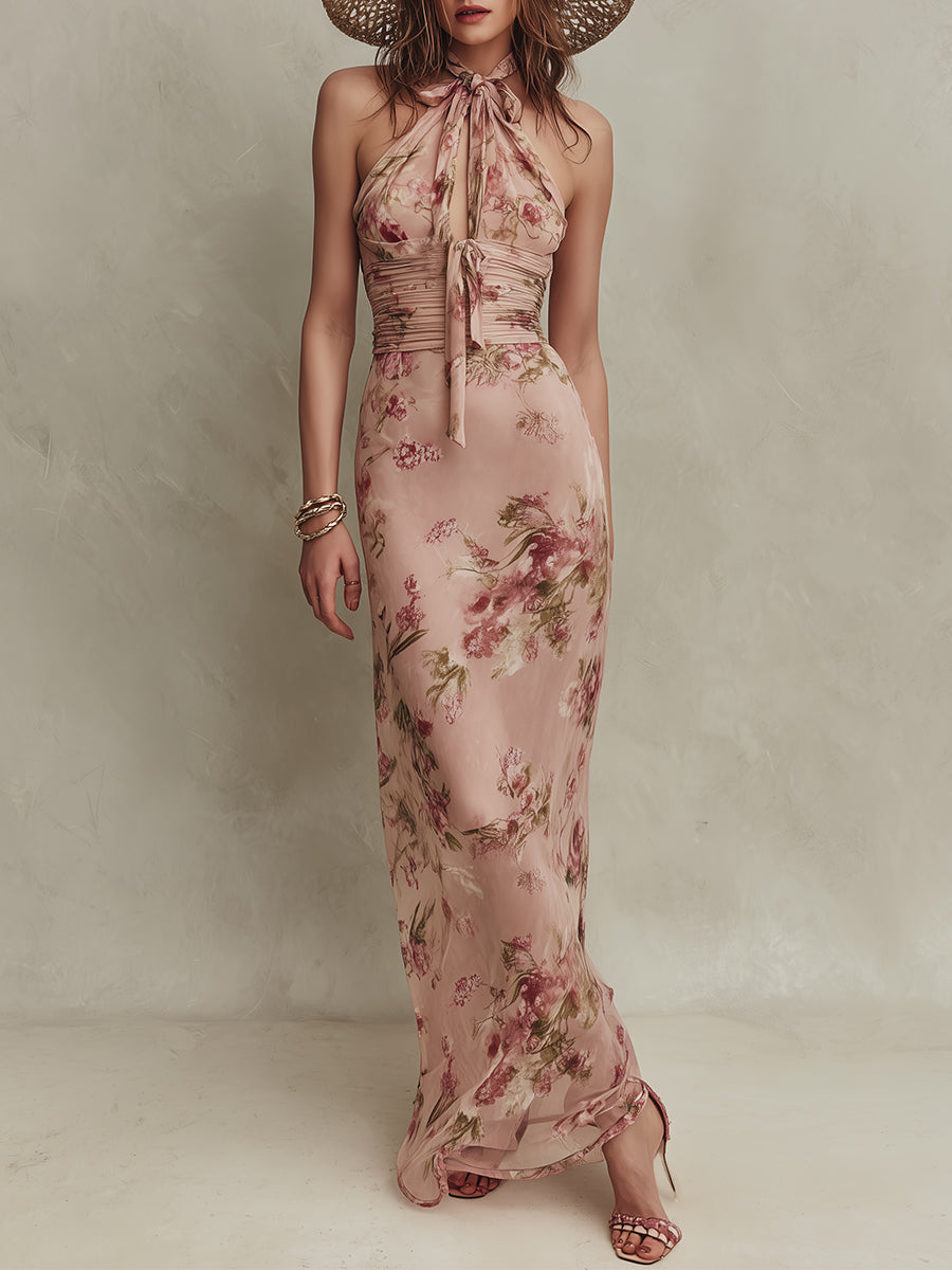 Lia - Elegant Floral Print Chiffon Maxi Dress with Keyhole Neckline | Heritage