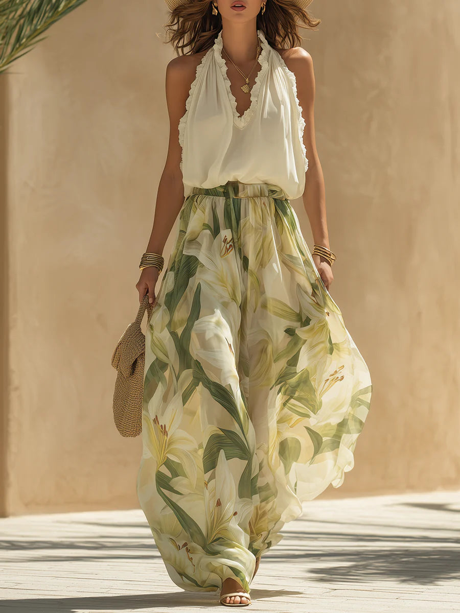 Alessandra - Chiffon Sleeveless Top with Ruffles and Lilium Print Trousers | Gallery