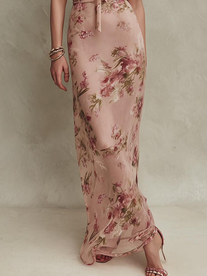 Lia - Elegant Floral Print Chiffon Maxi Dress with Keyhole Neckline | Heritage