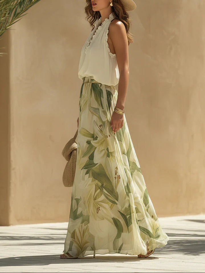 Alessandra - Chiffon Sleeveless Top with Ruffles and Lilium Print Trousers | Gallery