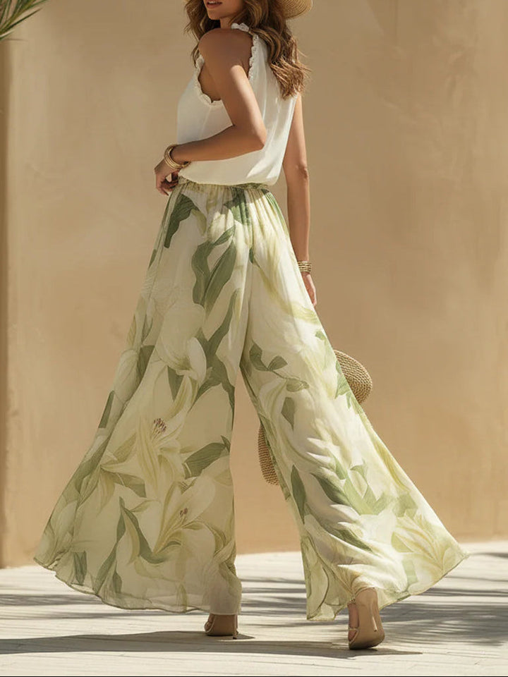 Alessandra - Chiffon Sleeveless Top with Ruffles and Lilium Print Trousers | Gallery