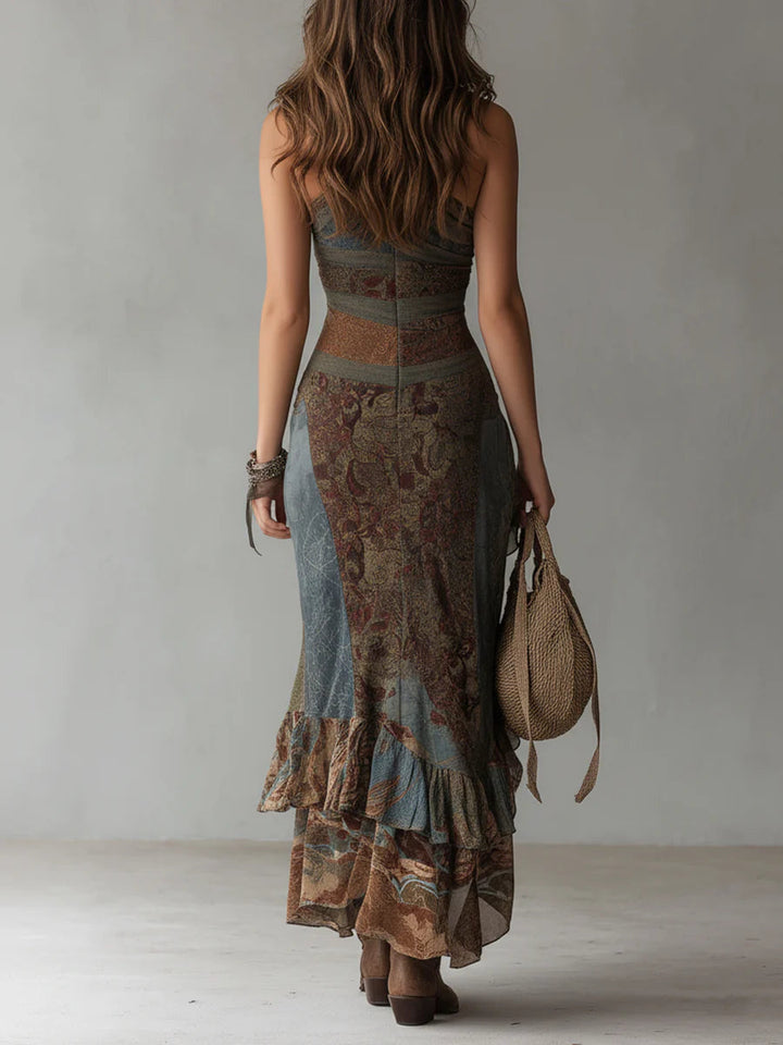 Elena | Robe Maxi Imprimée à Épaule Dénudée avec Fente Volante | Collection