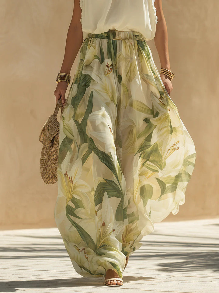 Alessandra - Chiffon Sleeveless Top with Ruffles and Lilium Print Trousers | Gallery