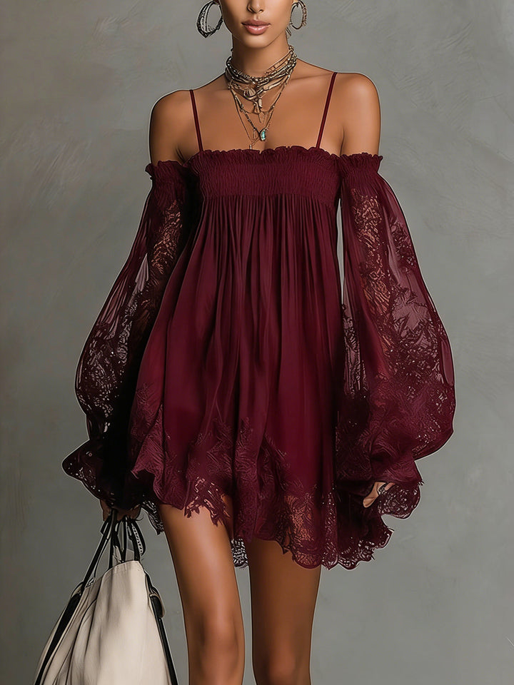 Noemi | Mini dress in navy blue chiffon with off-the-shoulder neckline, lace trim, and sheer sleeves | Label