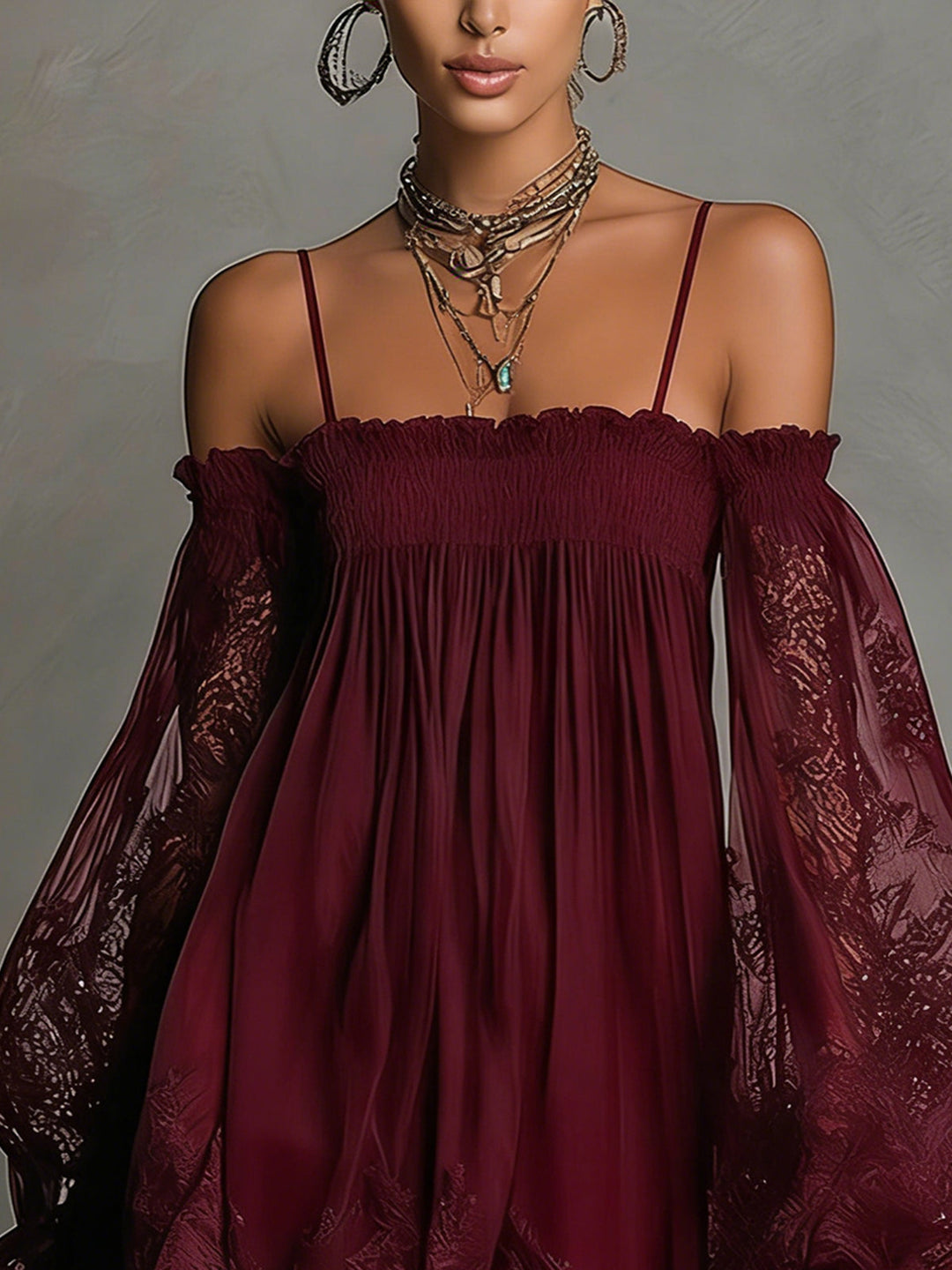 Noemi | Mini dress in navy blue chiffon with off-the-shoulder neckline, lace trim, and sheer sleeves | Label