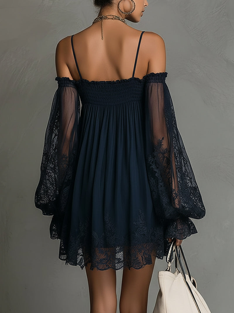 Noemi | Mini dress in navy blue chiffon with off-the-shoulder neckline, lace trim, and sheer sleeves | Label