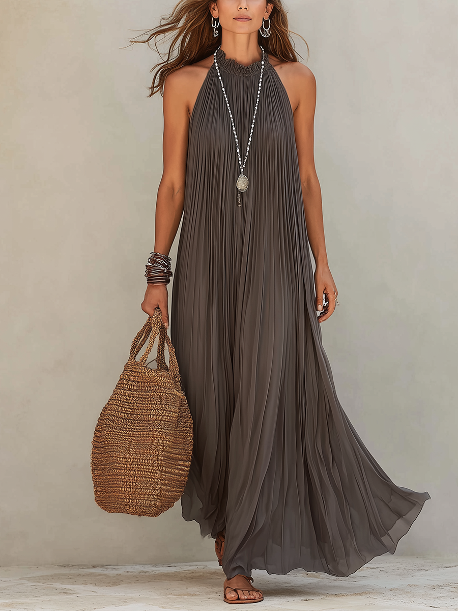 LIRA | Maxi Abito Halter Plissé Grigio | Artisan