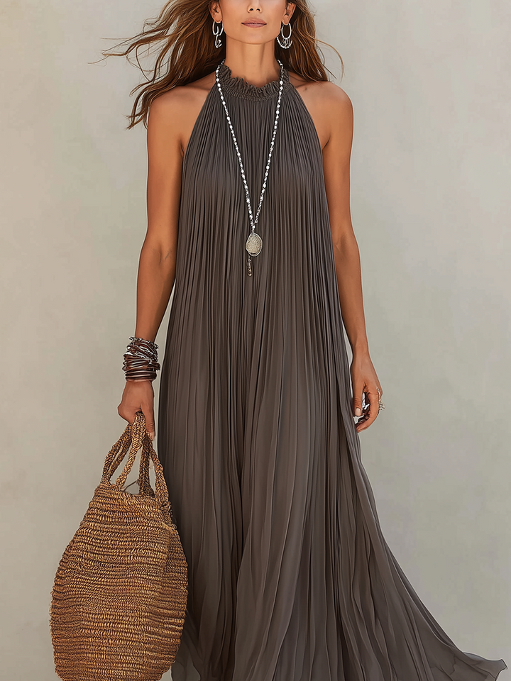 LIRA | Maxi Abito Halter Plissé Grigio | Artisan