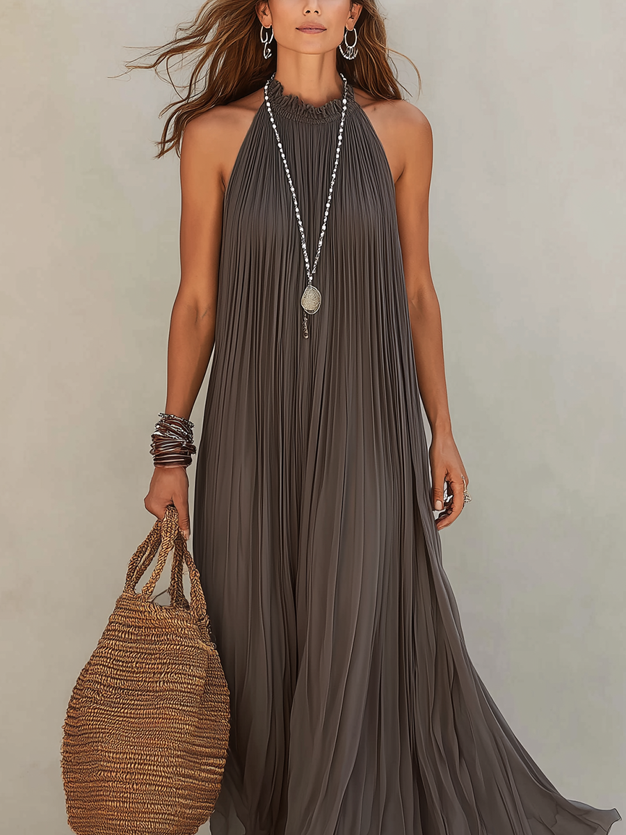 LIRA | Maxi Robe Halter Plissé Gris | Artisan