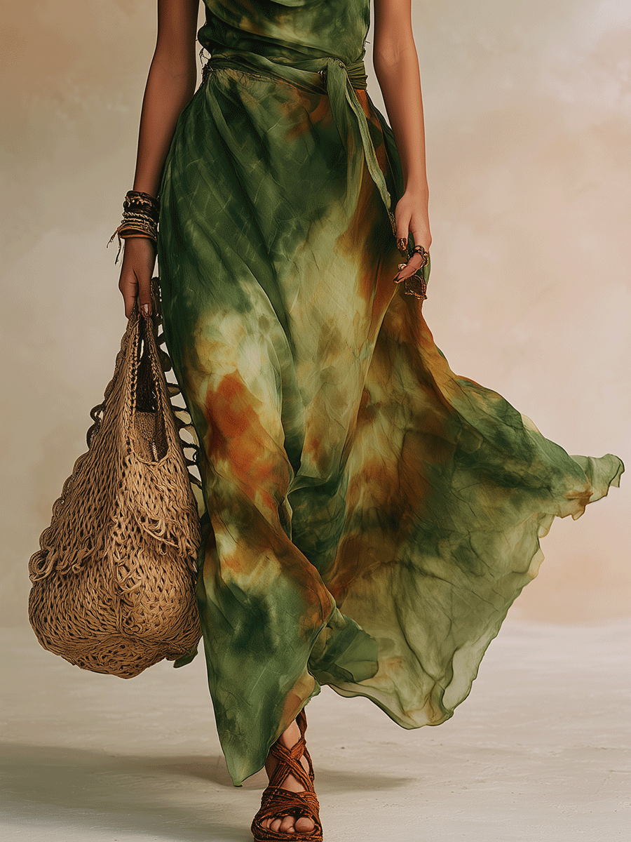 ELIRA | Maxi Robe Verte Abstraite | Artisanat