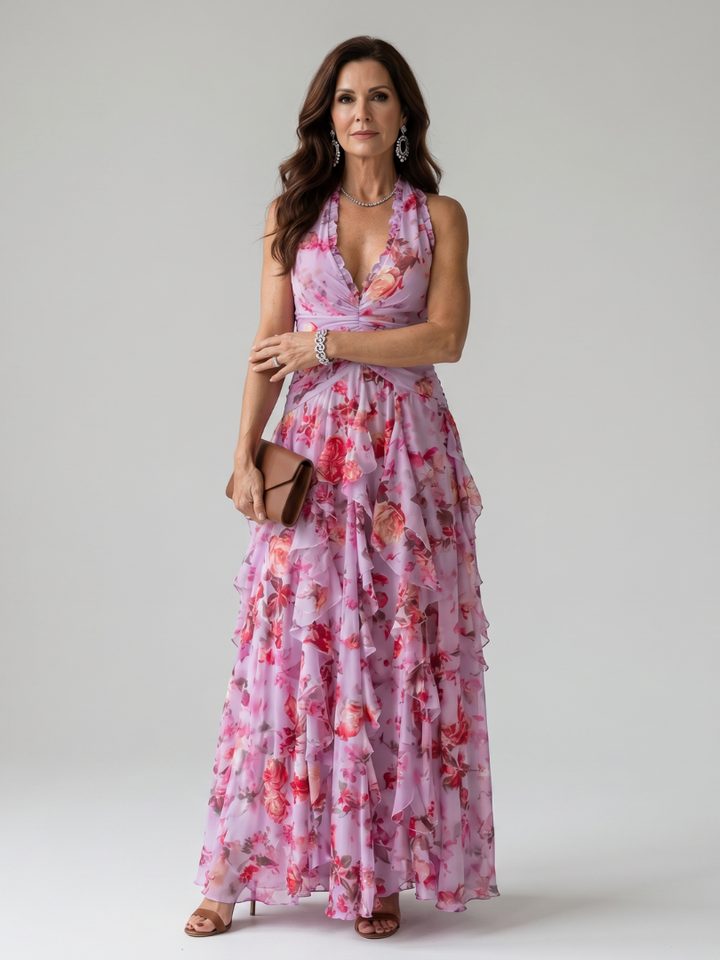 Nori | Halter Neck Ruched Bodice Floral Maxi Dress | Gallery