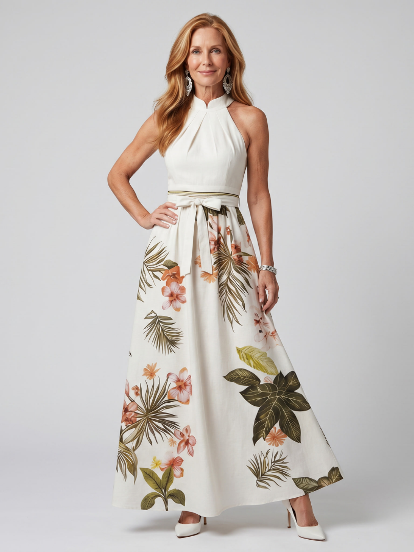 Meadow | Draped Halter Botanical Panel Maxi Dress | Original