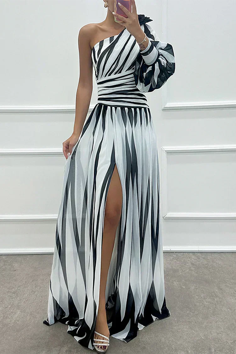 Hazel™ | Elegant Striped Maxi Dress with One Shoulder | House
