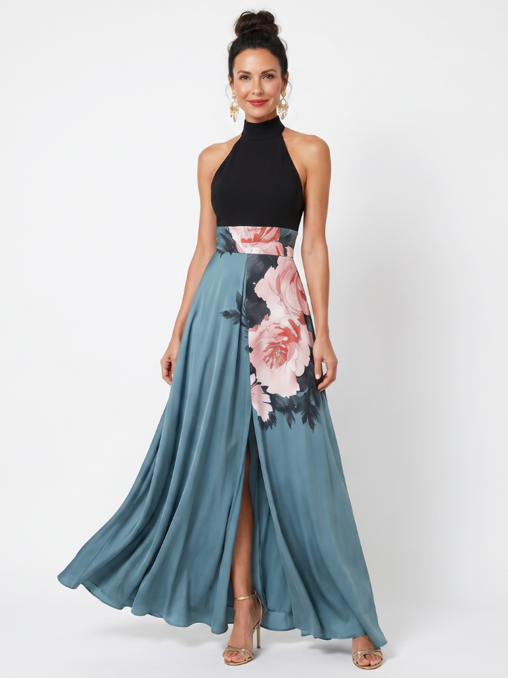 Olympas | Halter Bodice Floral Skirt Maxi Dress | Studio