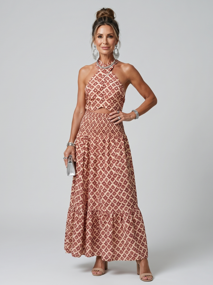 Amira | Cross Halter Geometric Print Cutout Midi Dress | Signature