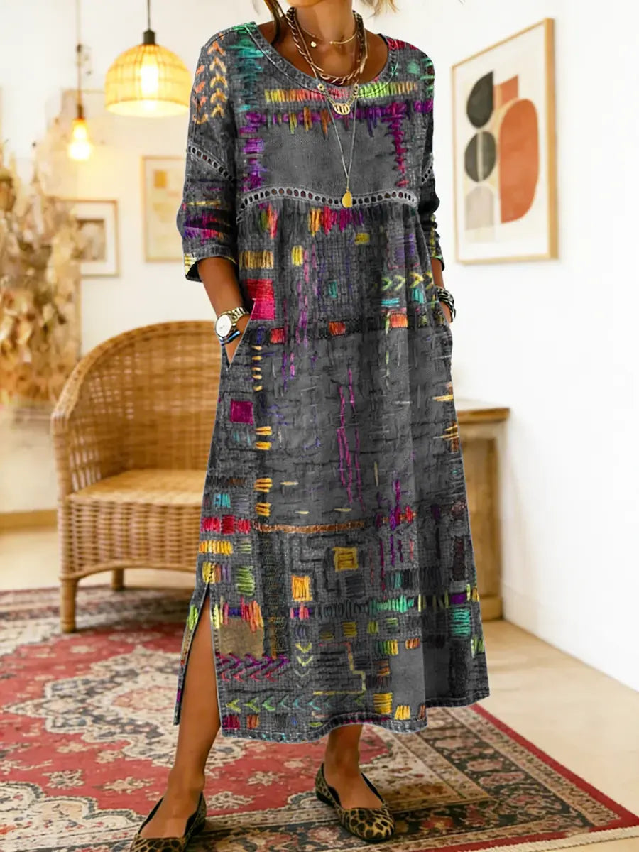Manuela robe en denim avec patchwork ethnique | Signature