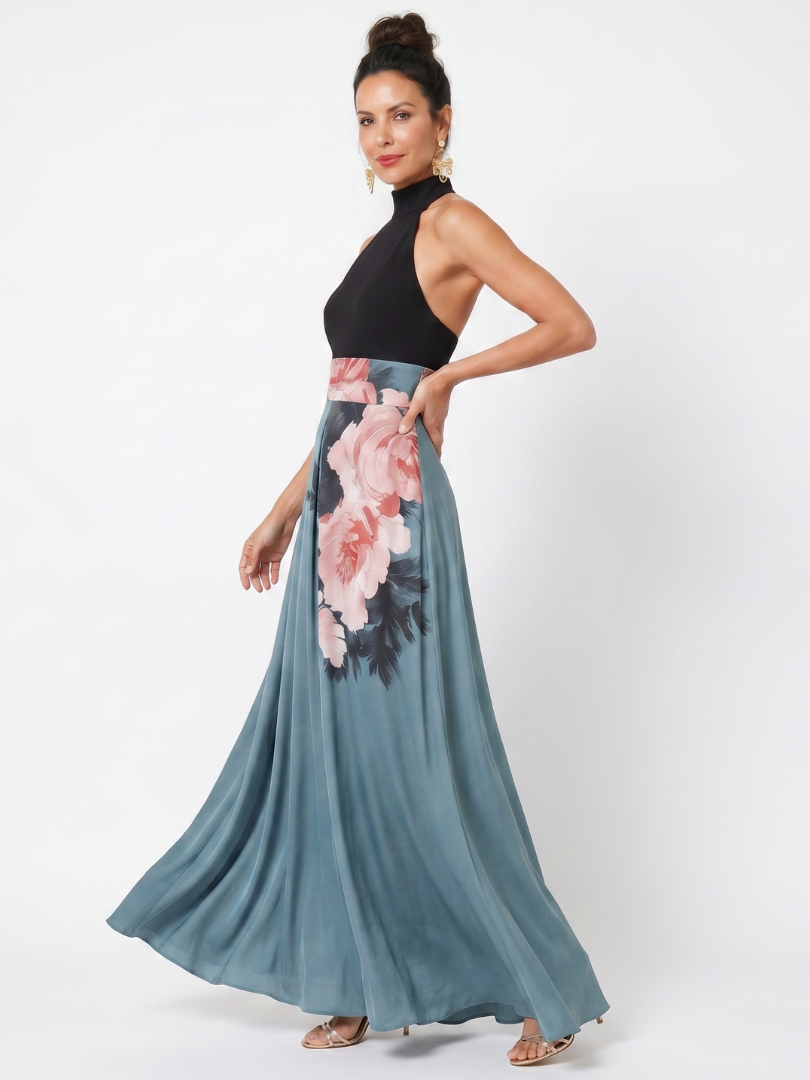 Olympas | Halter Bodice Floral Skirt Maxi Dress | Studio