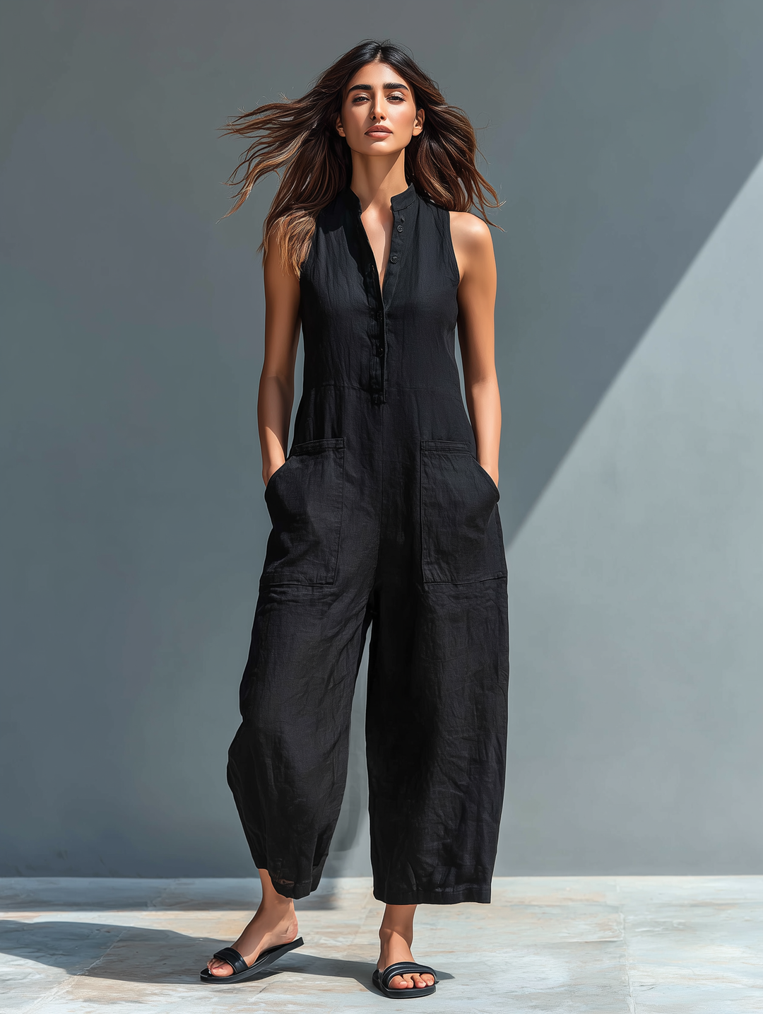 Sleeveless Minimalist Jumpsuit for Women with High Collar and Buttons | Boutique