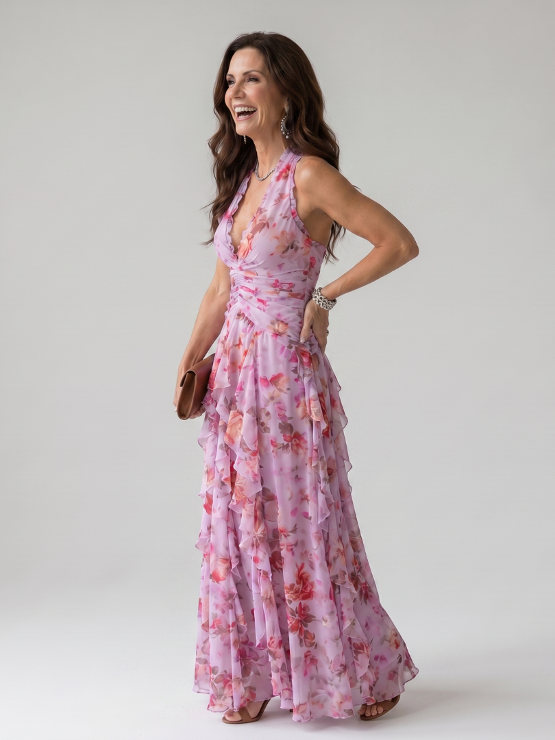 Nori | Robe Maxi à Encolure Halter et Corps Froncé Floral | Galerie