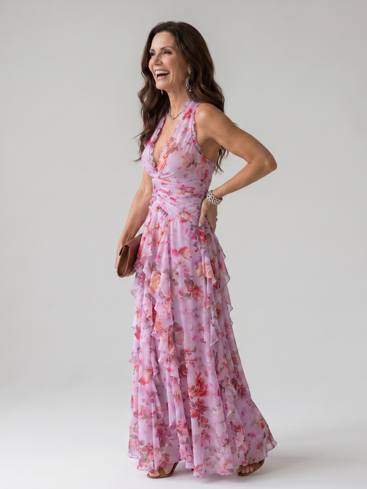Nori | Robe Maxi à Encolure Halter et Corps Froncé Floral | Galerie