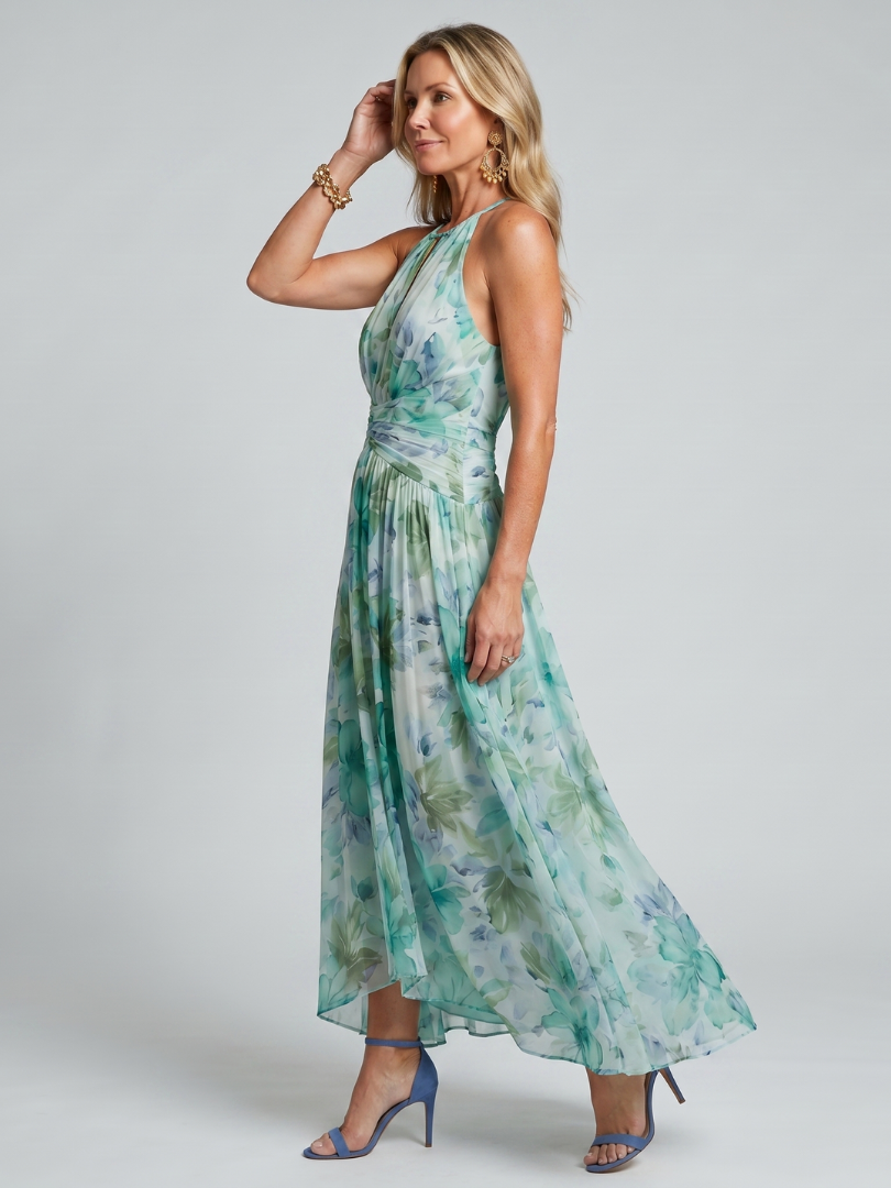 Portia | Pleated Halter Soft Floral Pattern Midi Dress | Series