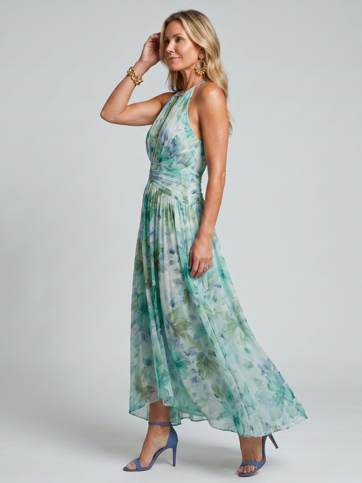 Portia | Robe Midi à Fleurs Douces avec Décolleté Halter Plissé | Série