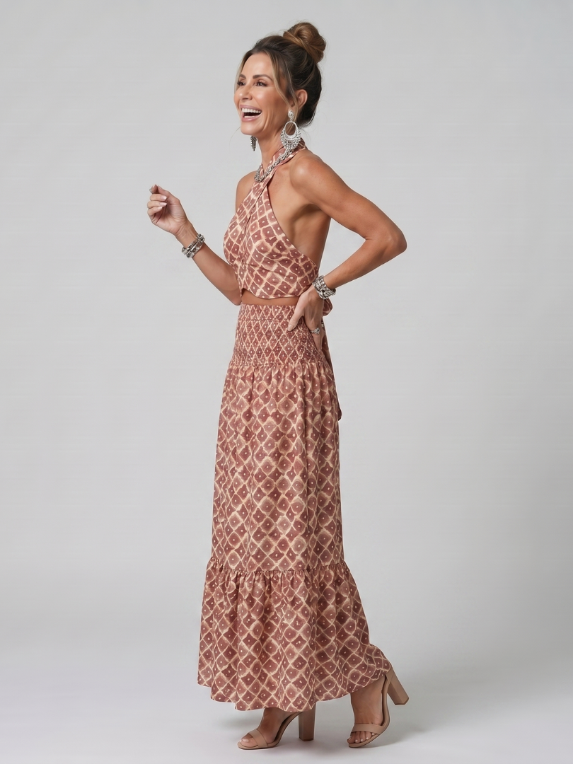 Amira | Cross Halter Geometric Print Cutout Midi Dress | Signature