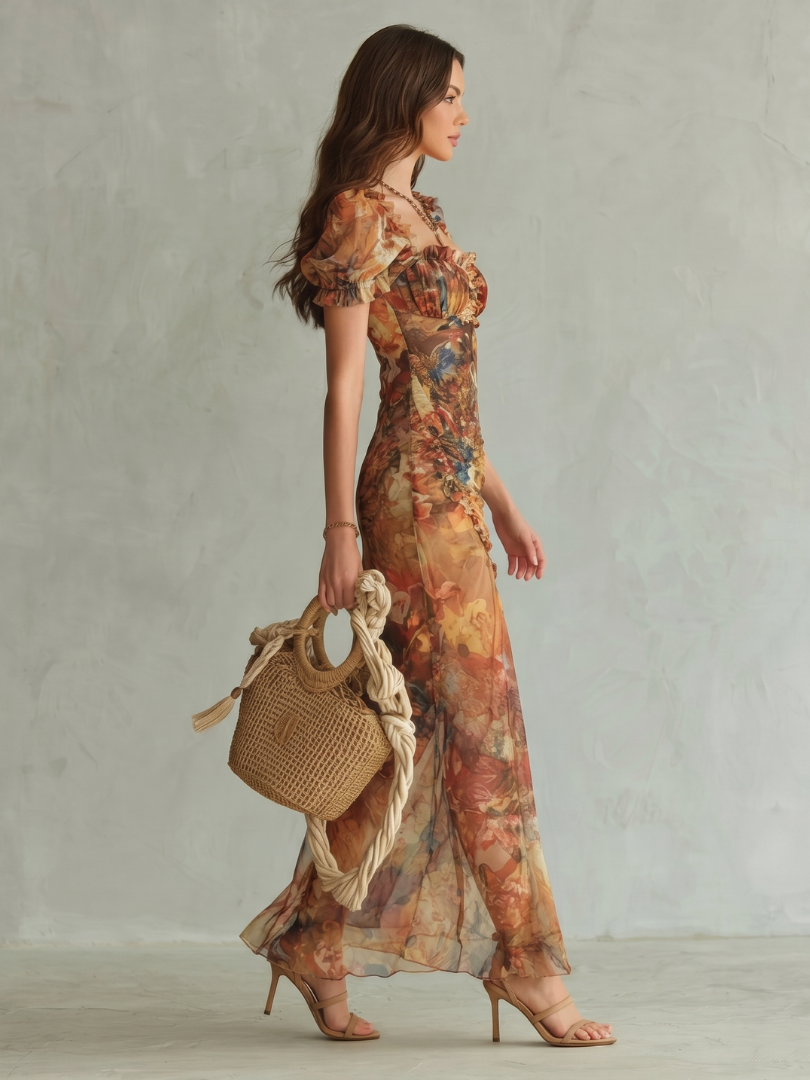 Ciel | Ruffled Sleeve Ruched Slit Midi Dress | Design