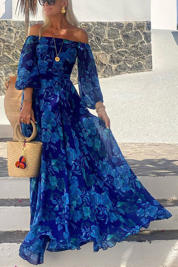 Luna™ | Long Floral Print Dress with Off-the-Shoulder Sleeves | Brand