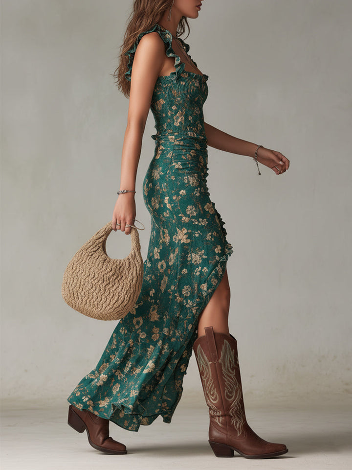 Sara | Vestido largo de estilo boho retro con mangas fruncidas y abertura alta | Studio