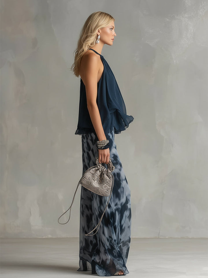 Ludovica | Haut Halter Chic en Marine et Ensemble Imprimé à Jambes Larges | Collection