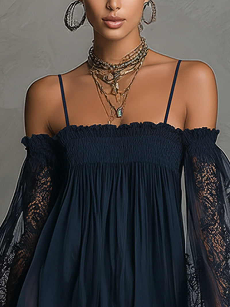 Noemi | Mini dress in navy blue chiffon with off-the-shoulder neckline, lace trim, and sheer sleeves | Label