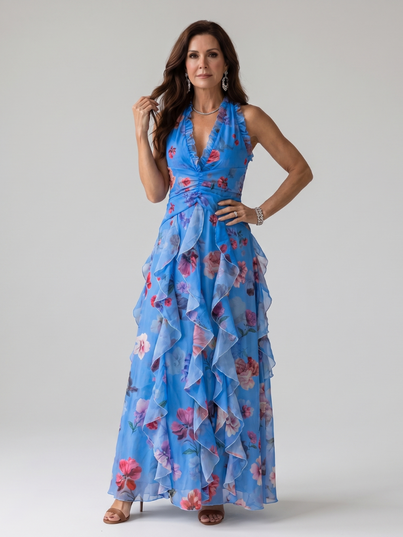 Nori | Robe Maxi à Encolure Halter et Corps Froncé Floral | Galerie