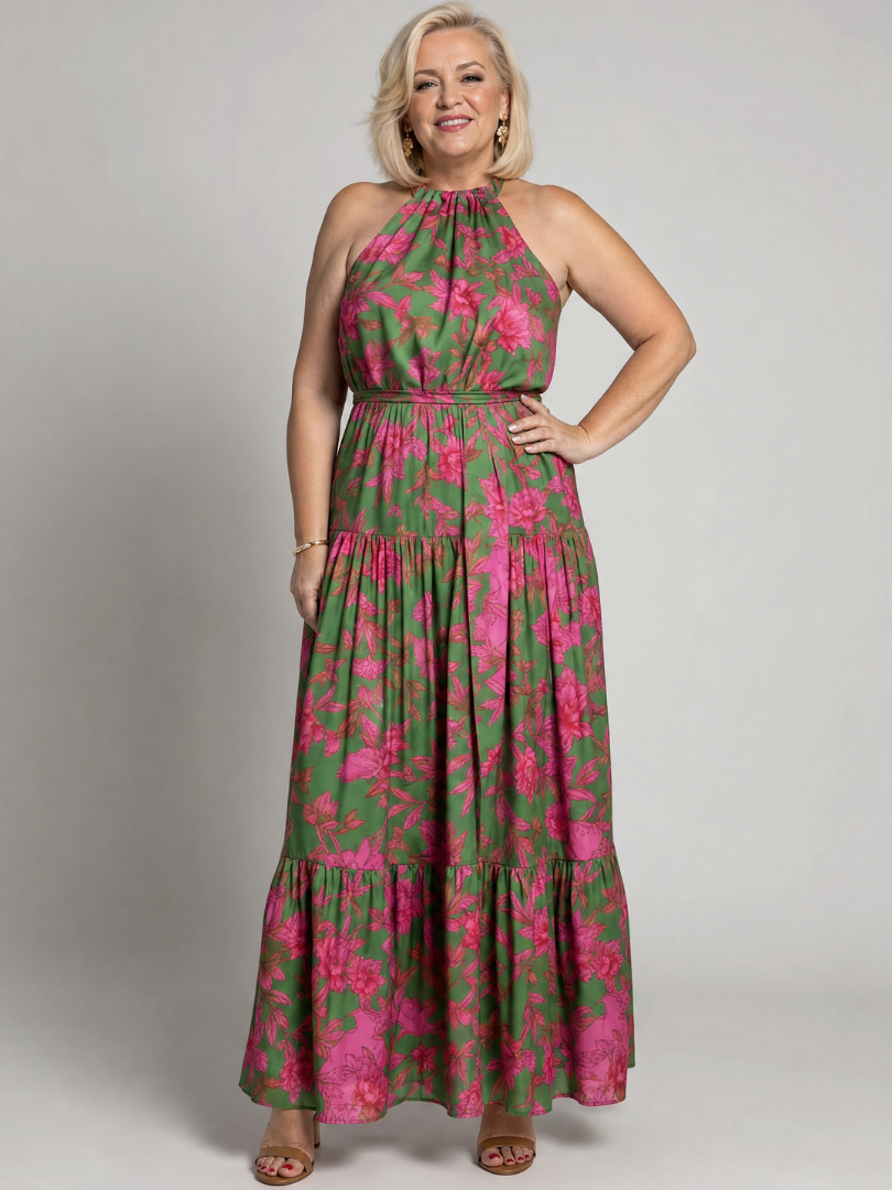 Rowen | Robe Midi Drapée à Encolure Halter | Étiquette
