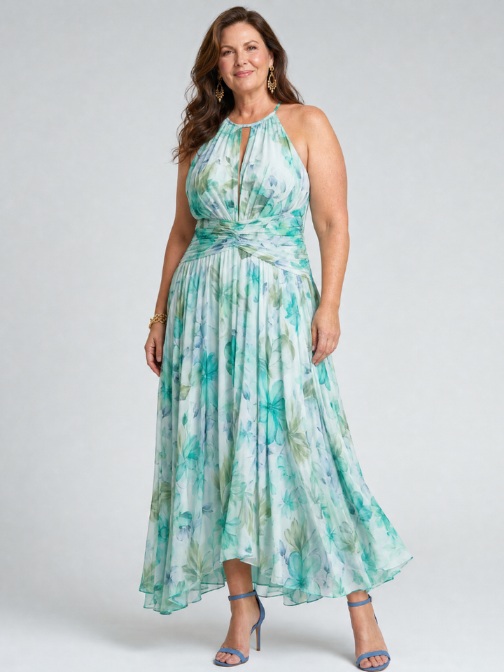 Portia | Robe Midi à Fleurs Douces avec Décolleté Halter Plissé | Série