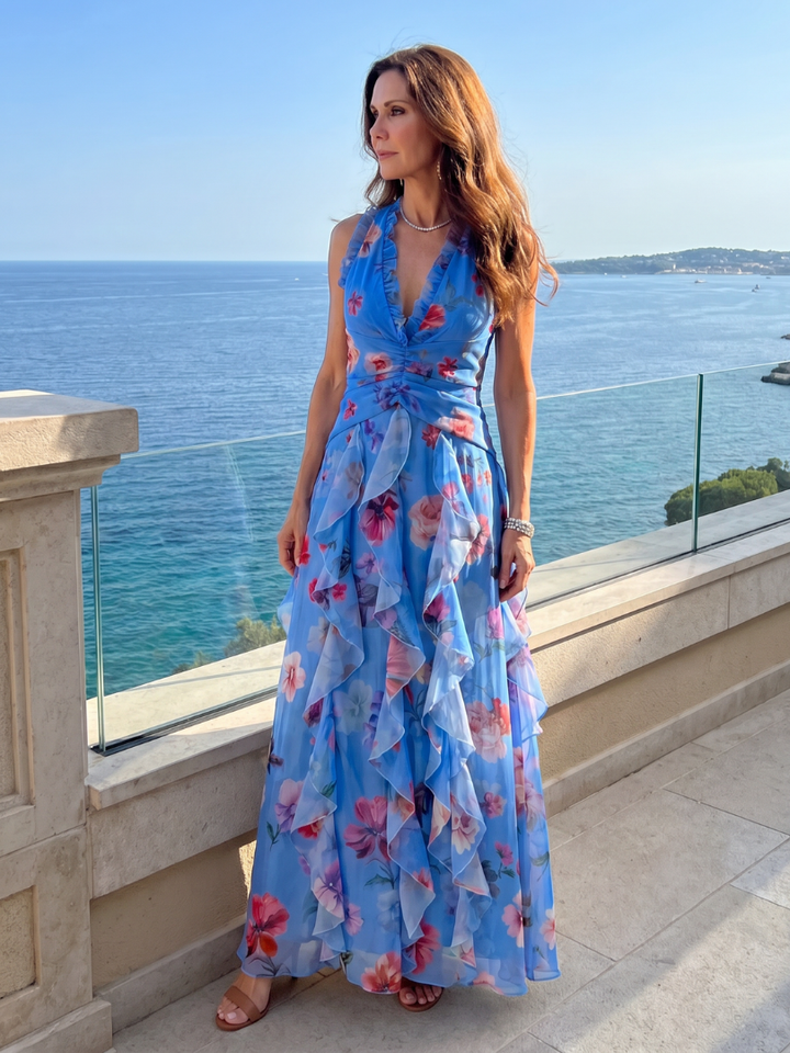 Nori | Robe Maxi à Encolure Halter et Corps Froncé Floral | Galerie