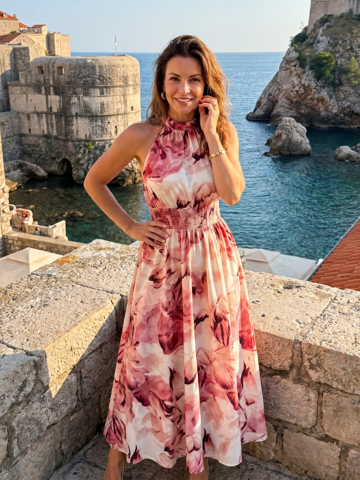 Olivia | Gathered Waist Abstract Print Midi Dress | Co