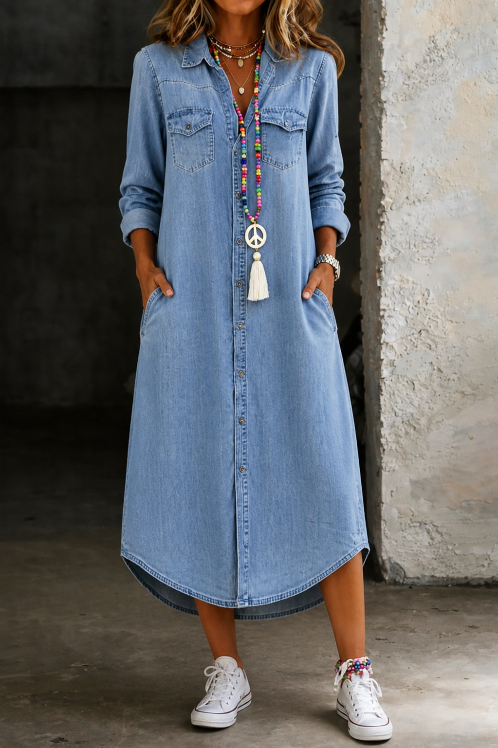 Helen | Robe Chemise en Jean Longue Élégante et Décontractée