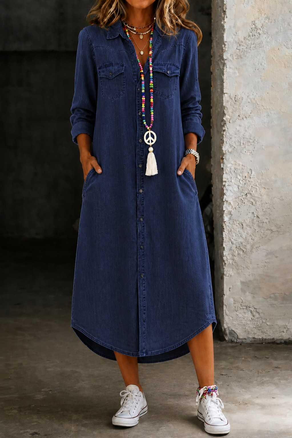 Helen | Robe Chemise en Jean Longue Élégante et Décontractée