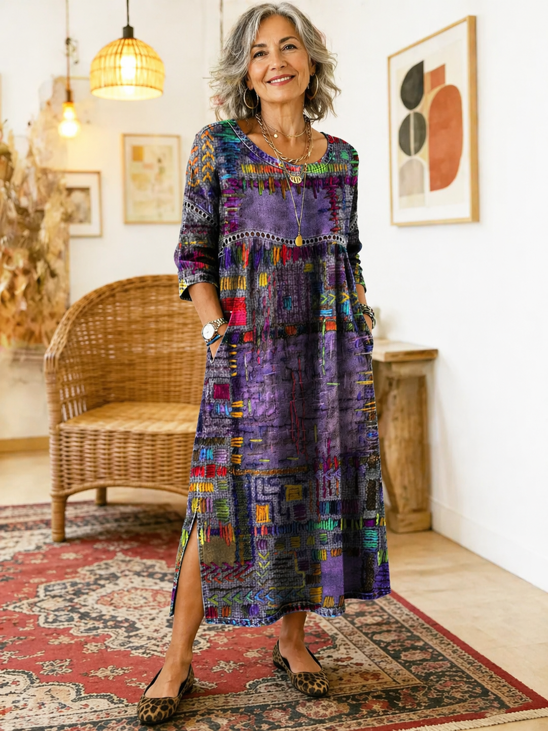 Manuela robe en denim avec patchwork ethnique | Signature