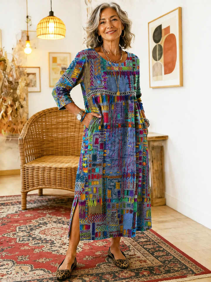 Manuela | Robe en Denim avec Patchwork Ethnique | Collection