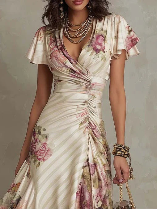Alba | Elegant Floral Ruched Wrap Midi Dress | Brand