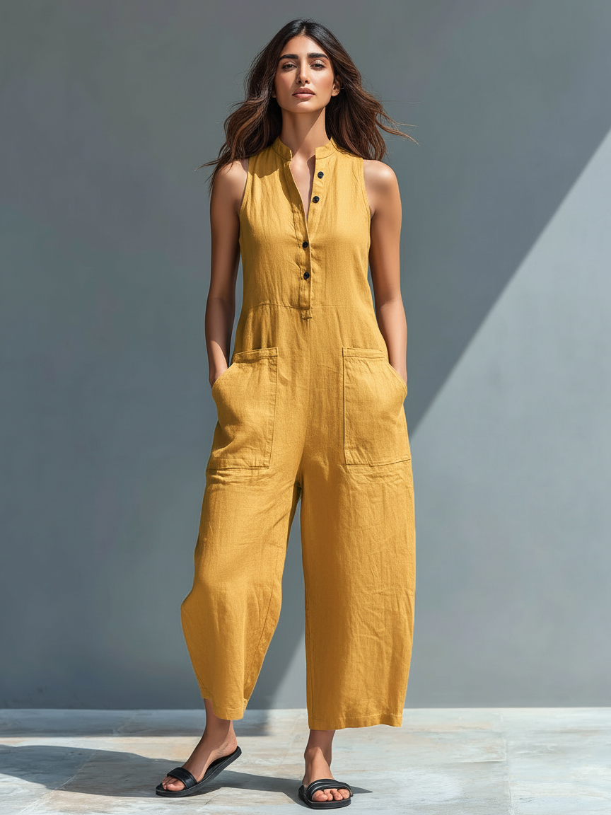 Sleeveless Minimalist Jumpsuit for Women with High Collar and Buttons | Boutique