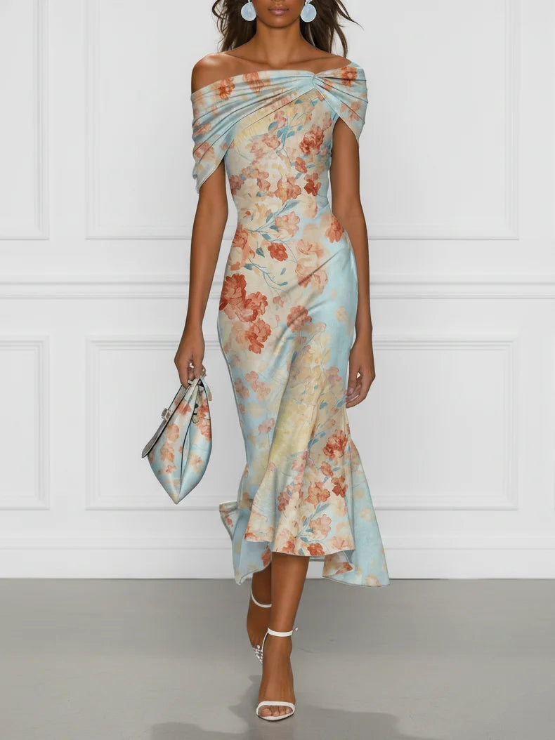 Vittoria - Midi Mermaid Dress Without Sleeves with Off-Shoulder and Blue Floral Pattern | Workshop