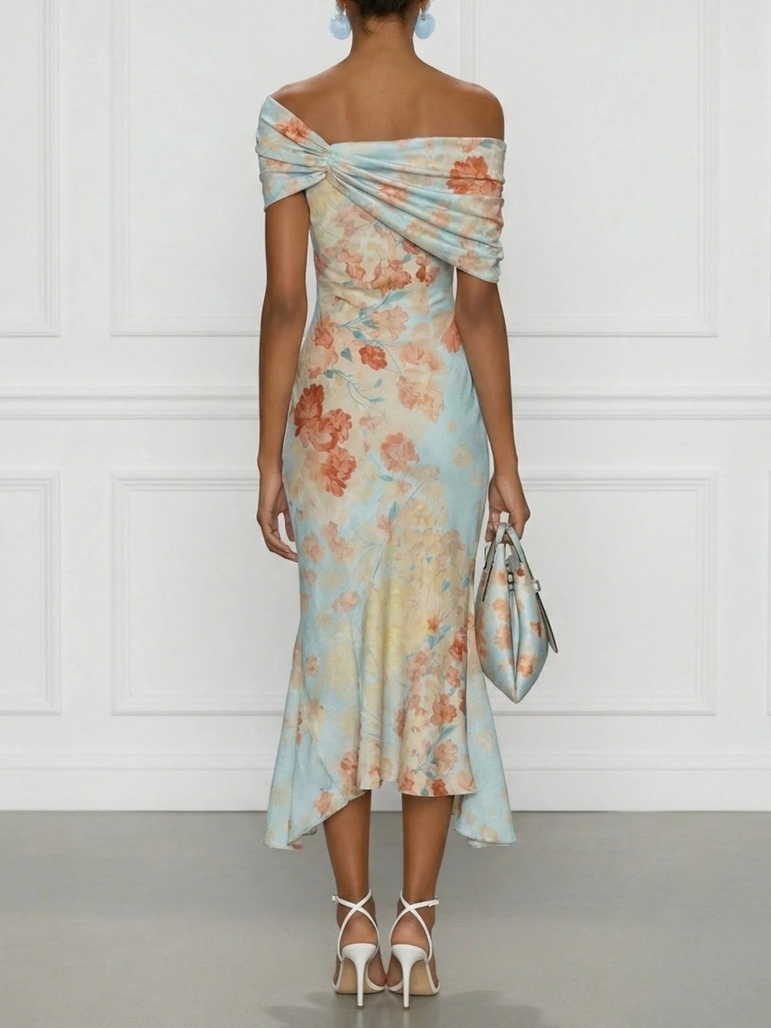 Vittoria - Midi Mermaid Dress Without Sleeves with Off-Shoulder and Blue Floral Pattern | Workshop