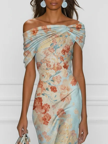 Vittoria - Robe Midi Sirène Sans Manches avec Épaules Dégagées et Motif Floral Bleu | Atelier