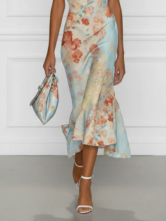 Vittoria - Midi Mermaid Dress Without Sleeves with Off-Shoulder and Blue Floral Pattern | Workshop