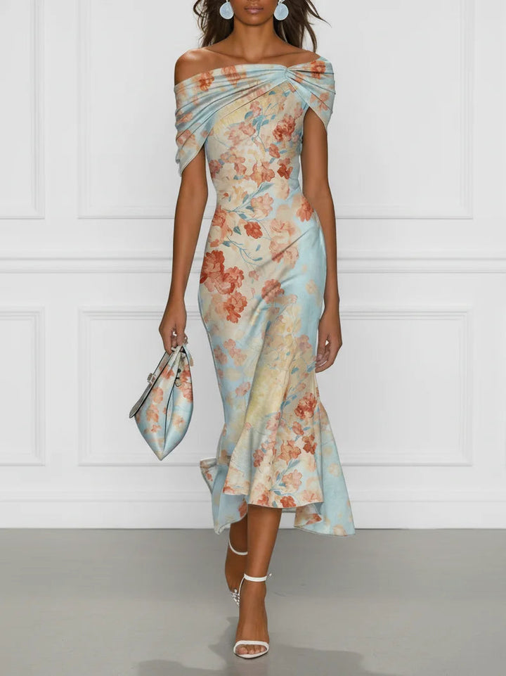 Vittoria - Robe Midi Sirène Sans Manches avec Épaules Dégagées et Motif Floral Bleu | Atelier