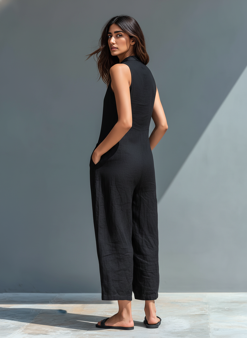 Sleeveless Minimalist Jumpsuit for Women with High Collar and Buttons | Boutique
