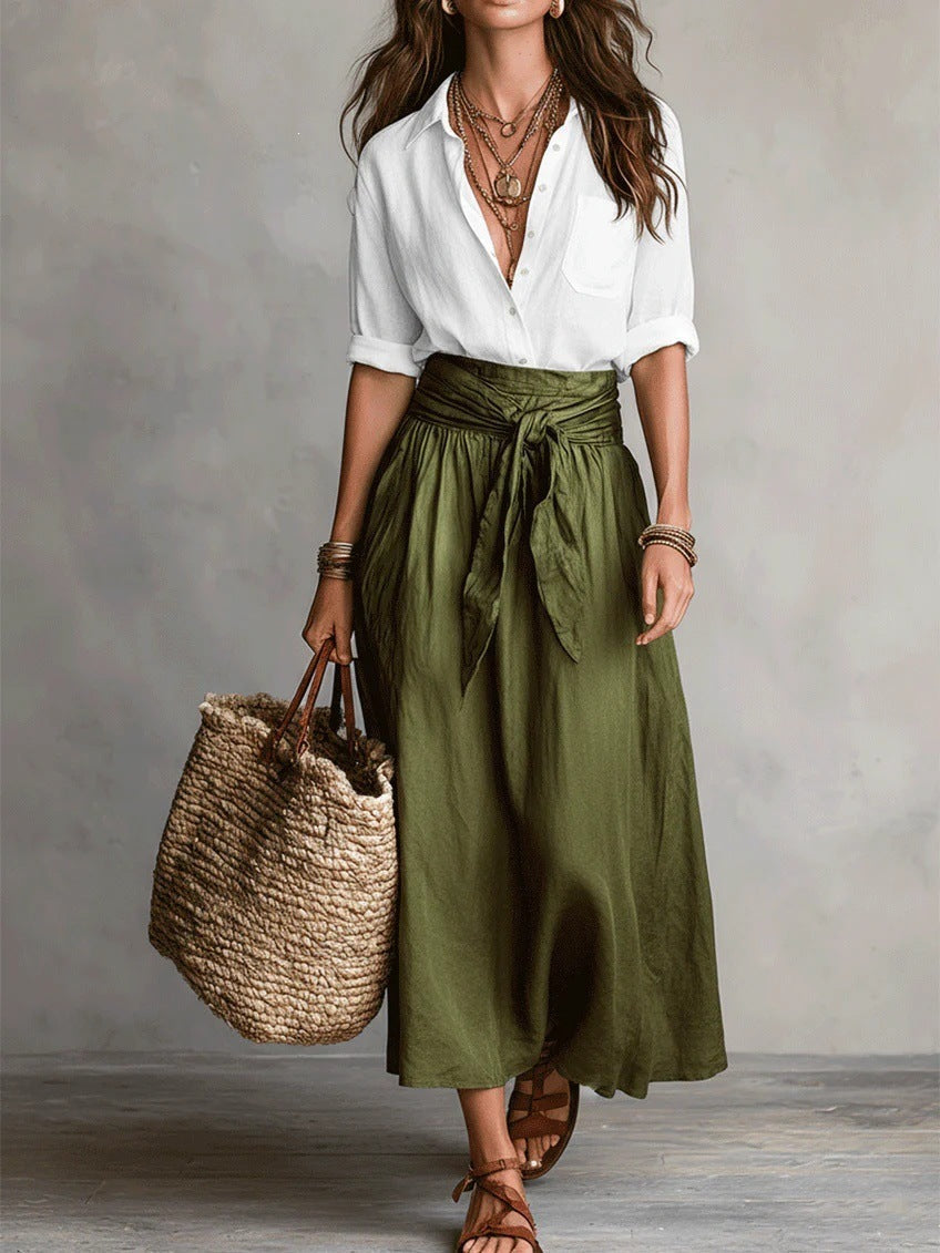 Vera™ | Ensemble Deux Pièces : Haut Noir et Jupe Midi Verte Olive | Boutique